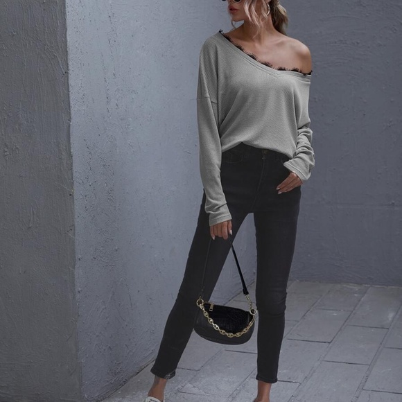 Black eyelash lace detail off shoulder waffle top - Picture 11 of 14